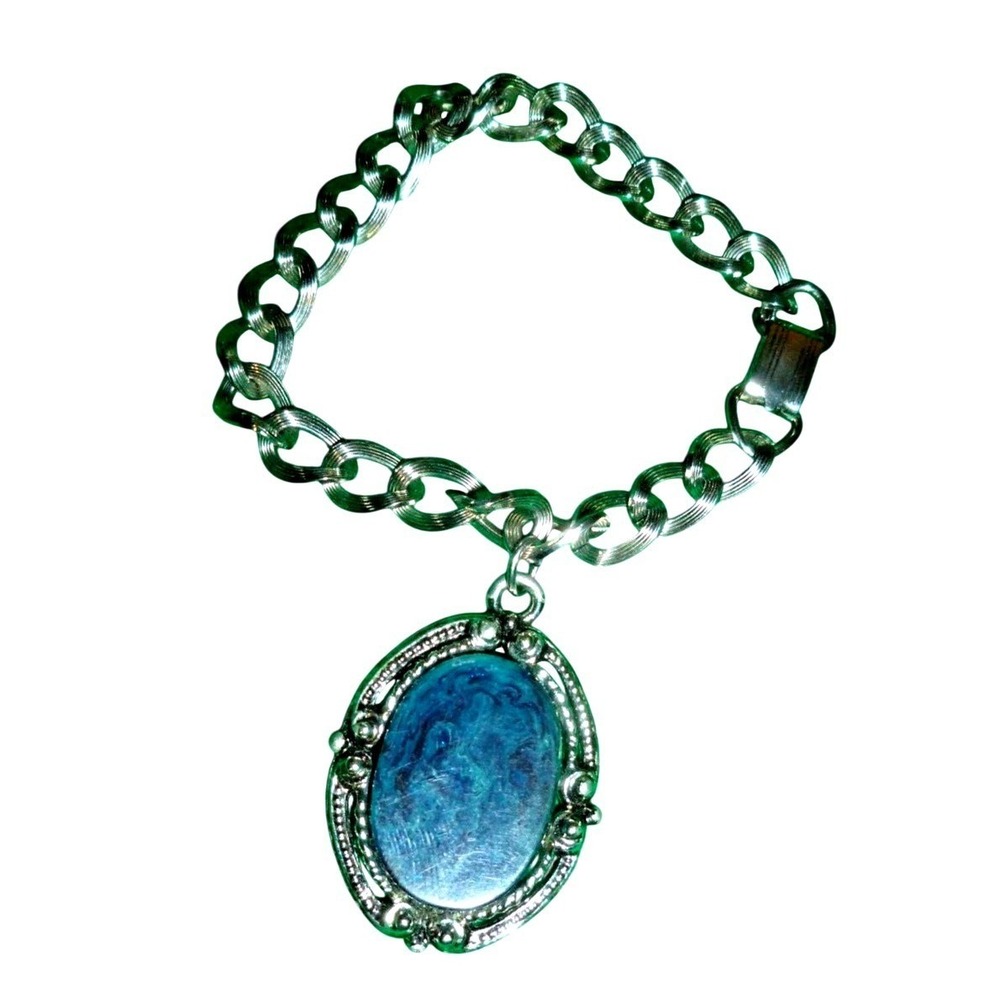 Vintage Silver Tone Blue Swirl Faux Stone Oval Charm Bracelet Ornate Link Chain